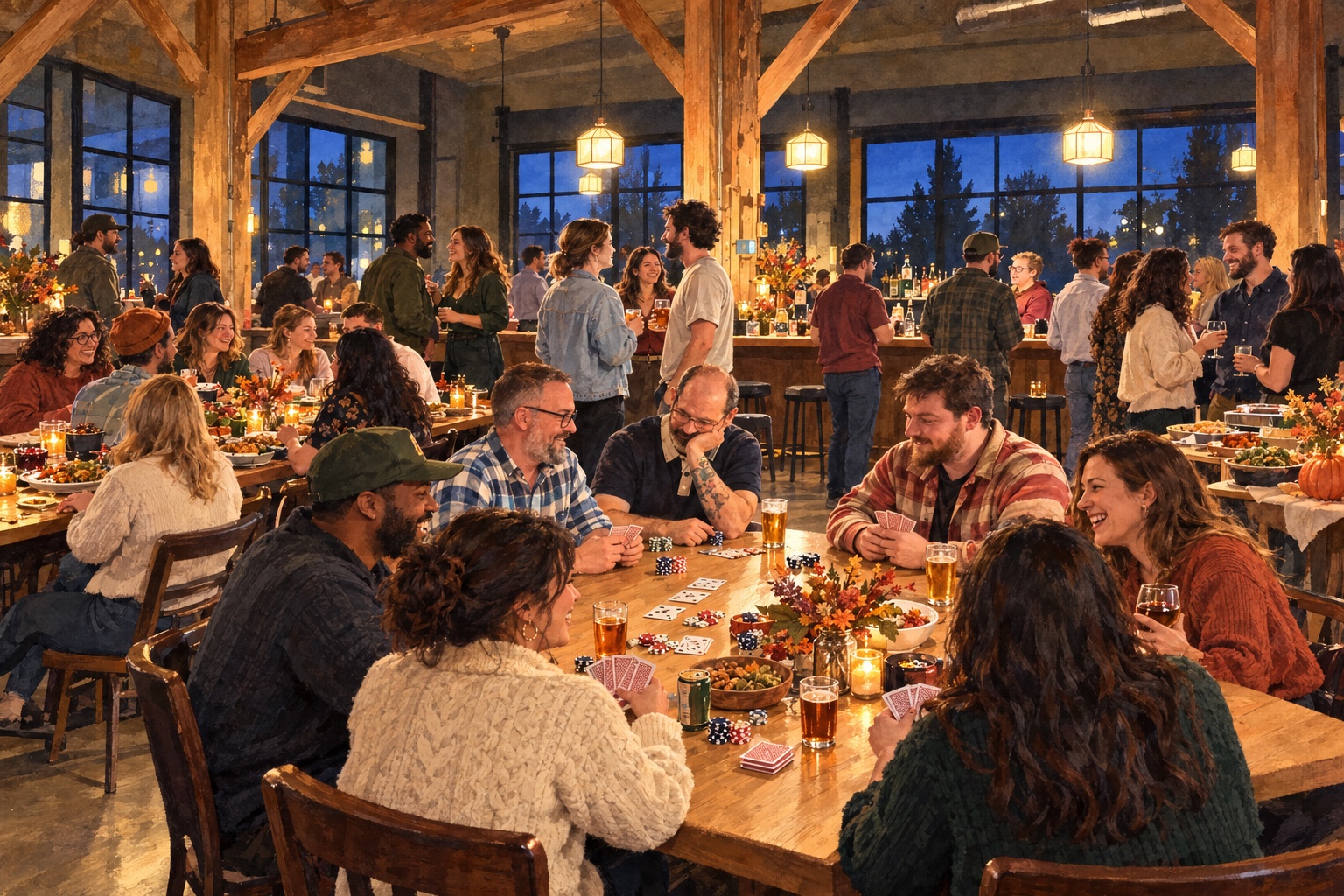 An imagined Friendsgiving gathering with friends sharing food and games in the brewery