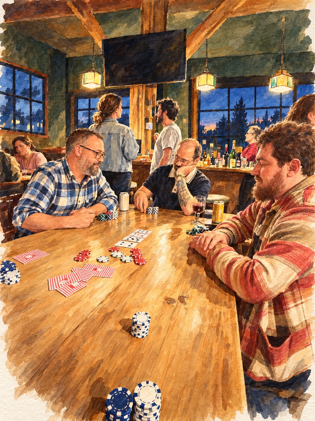 An illustration of our friends playing poker at Hair of the Dog, based on our game night photo
